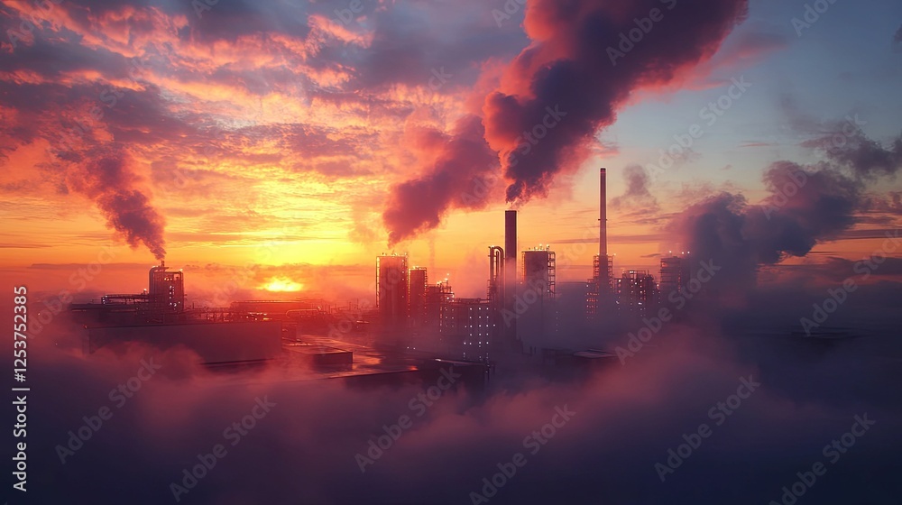 Fototapeta premium Industrial complex shrouded in fog, sunset sky.