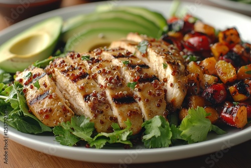 Savor grilled chicken salad gourmet restaurant food photography elegant dining close-up culinary art photo