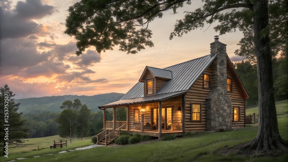 Rustic Log Cabin at Sunset with Warm Glowing Windows in Serene Countryside Rustic Log Cabin at Sunset with Warm Glowing Windows in Serene Countryside
