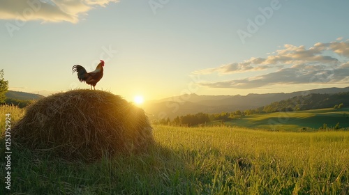 A rooster standing on top of a haystack, crowing at sunrise photo