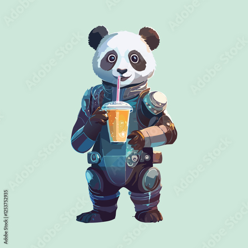 cyberpunk panda drinking neon-colored bubble tea, standing 