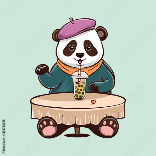 panda wearing a beret, sitting at a Parisian café table, elegantly sipping bubble tea