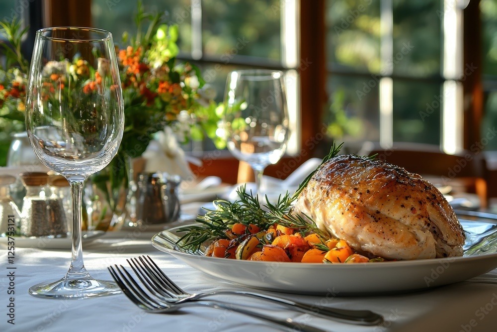 Elegant dinner table setup with gourmet dish cozy restaurant food photography warm environment close-up view culinary delight Elegant dinner table setup with gourmet dish cozy restaurant food photography warm environment close-up view culinary delight