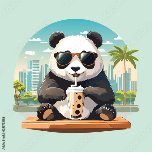 cute panda holding an oversized bubble tea cup with both paws and sipping