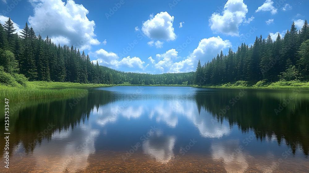 Fototapeta premium Serene Lake Reflection Under a Summer Sky