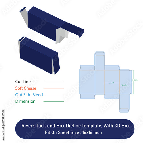 Rivers tuck end Box Dieline template, And 3D Box, Size 3.5x22x55 inch