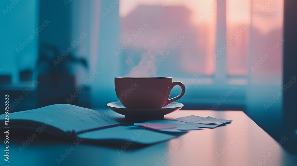Cozy Morning Vibes with Hot Coffee and Notepad on Table Cozy Morning Vibes with Hot Coffee and Notepad on Table