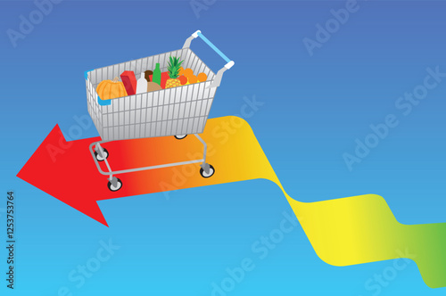 Concept of rising food costs, increase in the costs of the family basket. Conceptual image with graph, home economics with copy space. Vector illustration