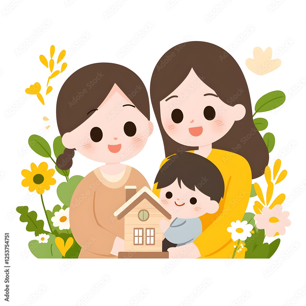Loving family together holding a house symbol in a garden setting Loving family together holding a house symbol in a garden setting