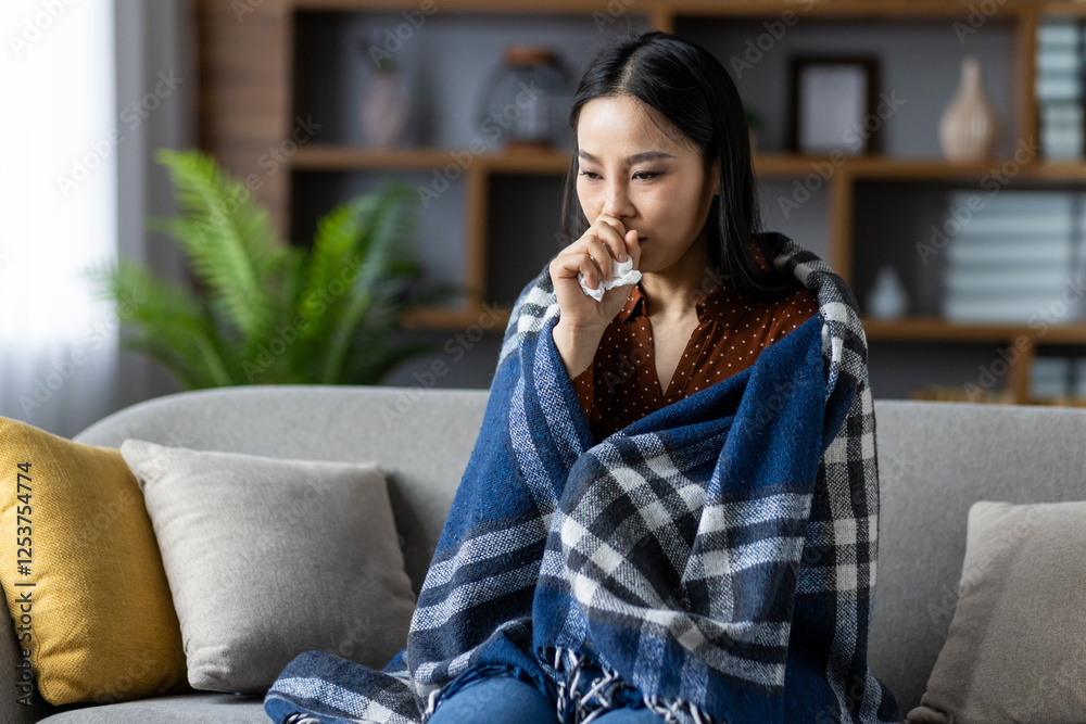 Asian woman wrapped in plaid blanket, sitting on sofa, holding tissue, looking unwell. Scene suggests illness, cold, or flu at home setting. Feeling conveys sickness, concern, and discomfort. Asian woman wrapped in plaid blanket, sitting on sofa, holding tissue, looking unwell. Scene suggests illness, cold, or flu at home setting. Feeling conveys sickness, concern, and discomfort.