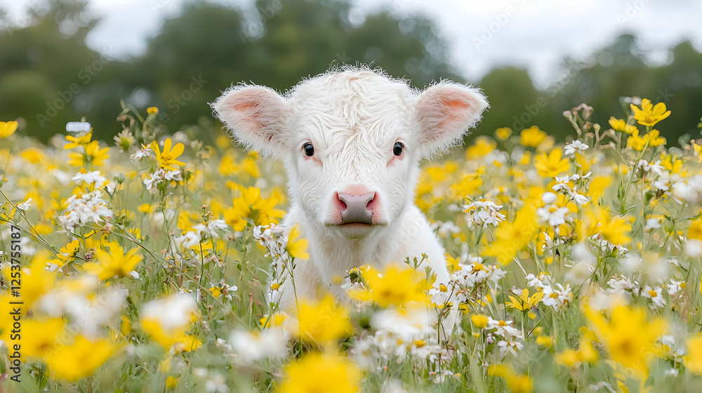 Fototapeta premium White calf in field of wildflowers, springtime