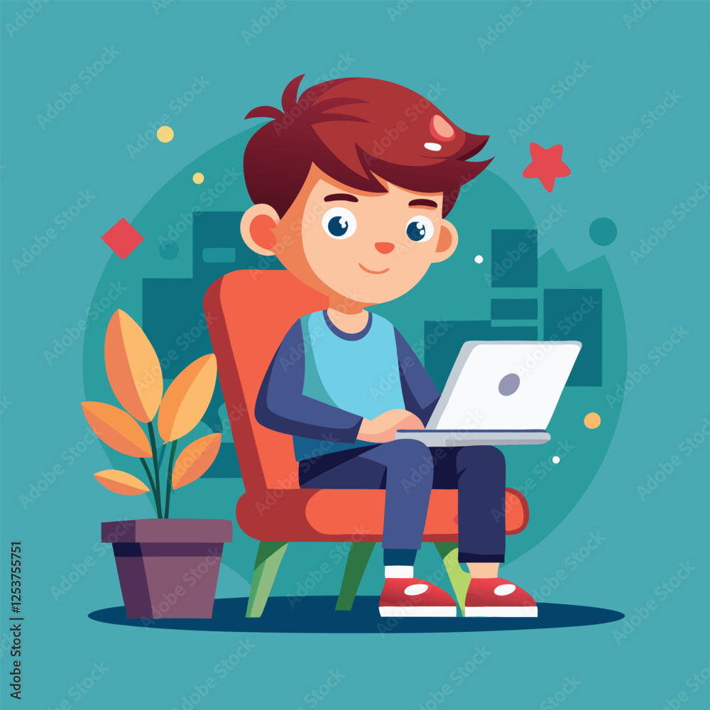 a boy is using his laptop vector