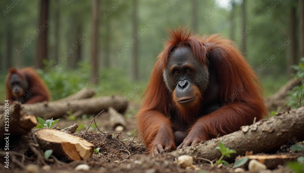 Solitary orangutan sits on a fallen log amidst a barren landscape, illegal logging, Generative AI Solitary orangutan sits on a fallen log amidst a barren landscape, illegal logging, Generative AI