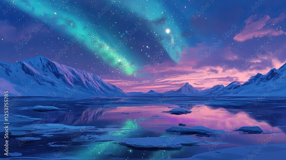 Fototapeta premium Arctic landscape, vibrant aurora, snowy peaks, tranquil water.