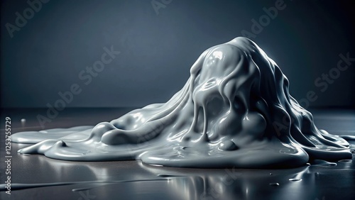 A lump of gray slime oozes across a dark, drab background, leaving a trail of squelching goo behind it, background, messy, goo