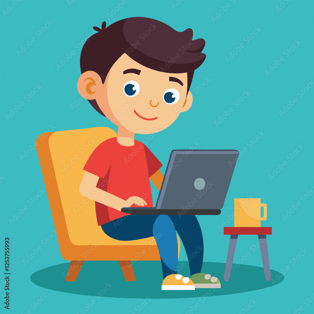 a boy is using his laptop vector a boy is using his laptop vector