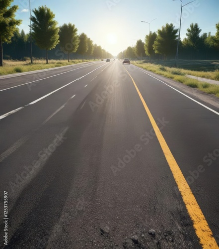 Wallpaper Mural A long stretch of asphalt road on a sunny day with a few cars driving in the distance , sunlight, road Torontodigital.ca