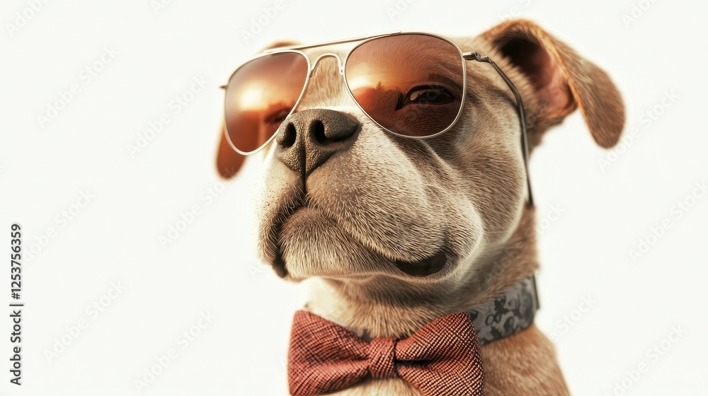Realistic 3D Render of a Stylish Dog Wearing Sunglasses and a Bowtie, Showcasing Detailed Features and Smooth Texture Realistic 3D Render of a Stylish Dog Wearing Sunglasses and a Bowtie, Showcasing Detailed Features and Smooth Texture