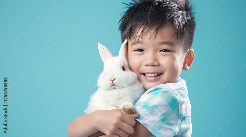 Happy Asian Boy Child Hugging Adorable White Rabbit Studio Shot Happy Asian Boy Child Hugging Adorable White Rabbit Studio Shot