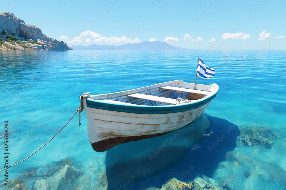 Naklejka premium Greece's flag fluttering on a small fishing boat near a pristine blue coastline, cultural and serene