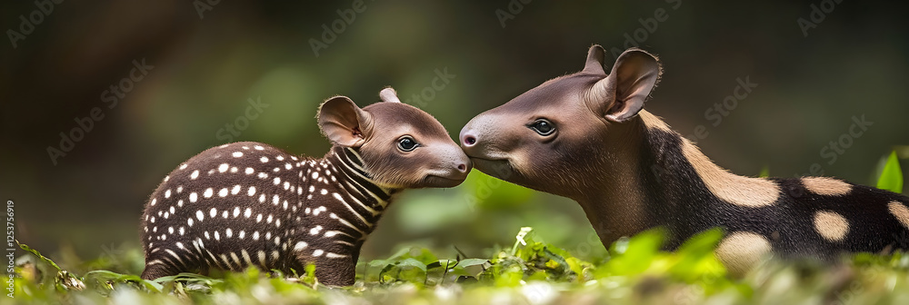 Obraz premium Adorable Baby Tapir and Mother Nuzzling Close in Lush Green Habitat