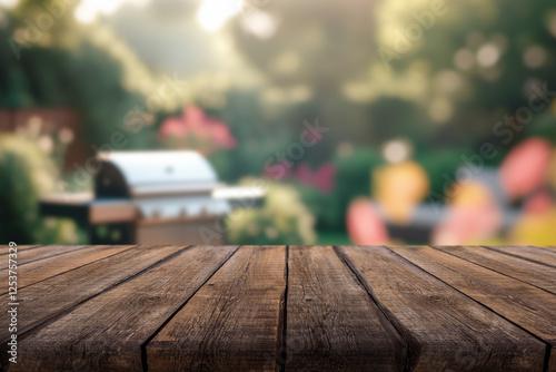Fototapeta Naklejka Na Ścianę i Meble -  summer time party in backyard garden with grill BBQ, wooden table, blurred background