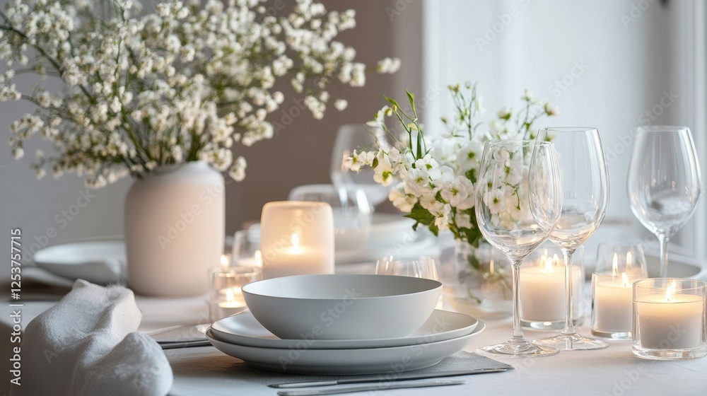 Elegant festive dining table setting with candles and fresh flowers for a memorable gathering. Generative AI Elegant festive dining table setting with candles and fresh flowers for a memorable gathering. Generative AI