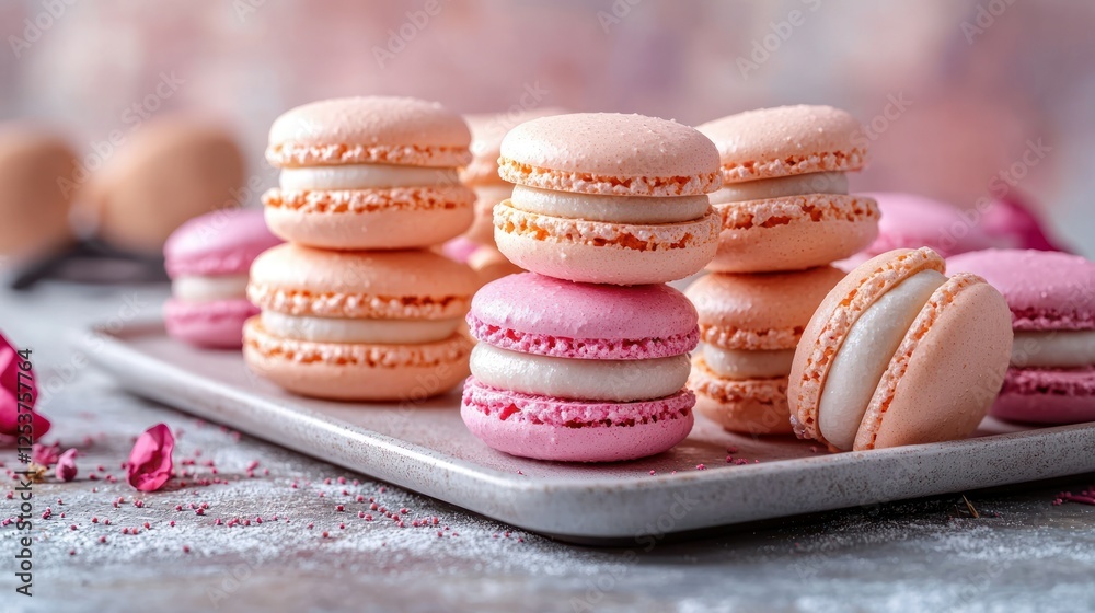 Fototapeta premium Peach and pink macarons on plate, close-up