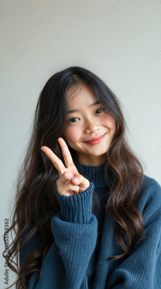 smiling young woman wearing a teal sweater makes a peace sign gesture smiling young woman wearing a teal sweater makes a peace sign gesture
