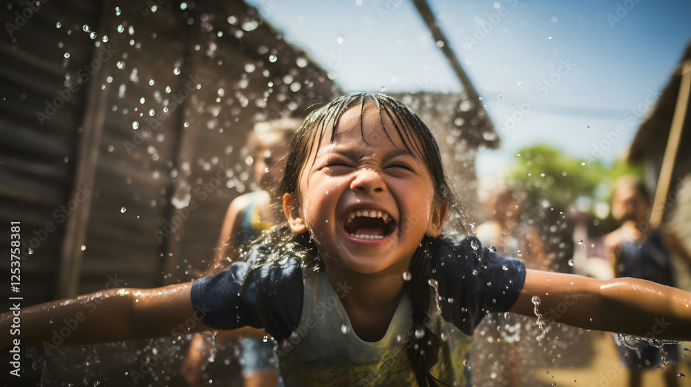 Fototapeta premium Joyful Girl Playing in Water Spray Outdoor Summer Fun Child Happiness