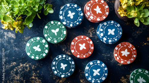 Casino Poker Chips Gambling Game Top View Flat Lay Green Blue Red Flower Design photo