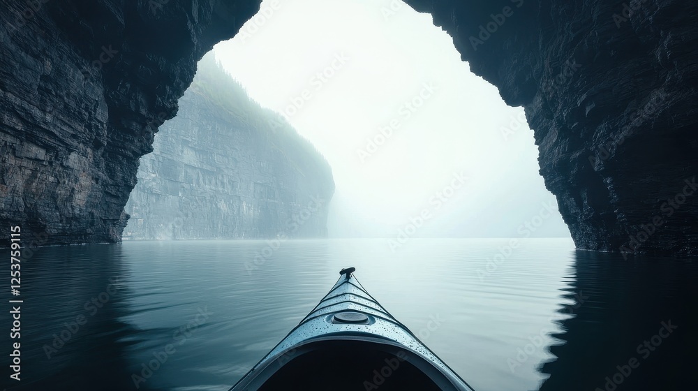 Fototapeta premium Scenic Kayaking Adventure Through Misty Fjords with Towering Cliffs and Calm Waters