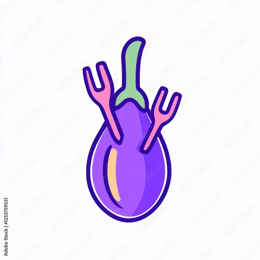 Cartoon eggplant with forks, ready to eat