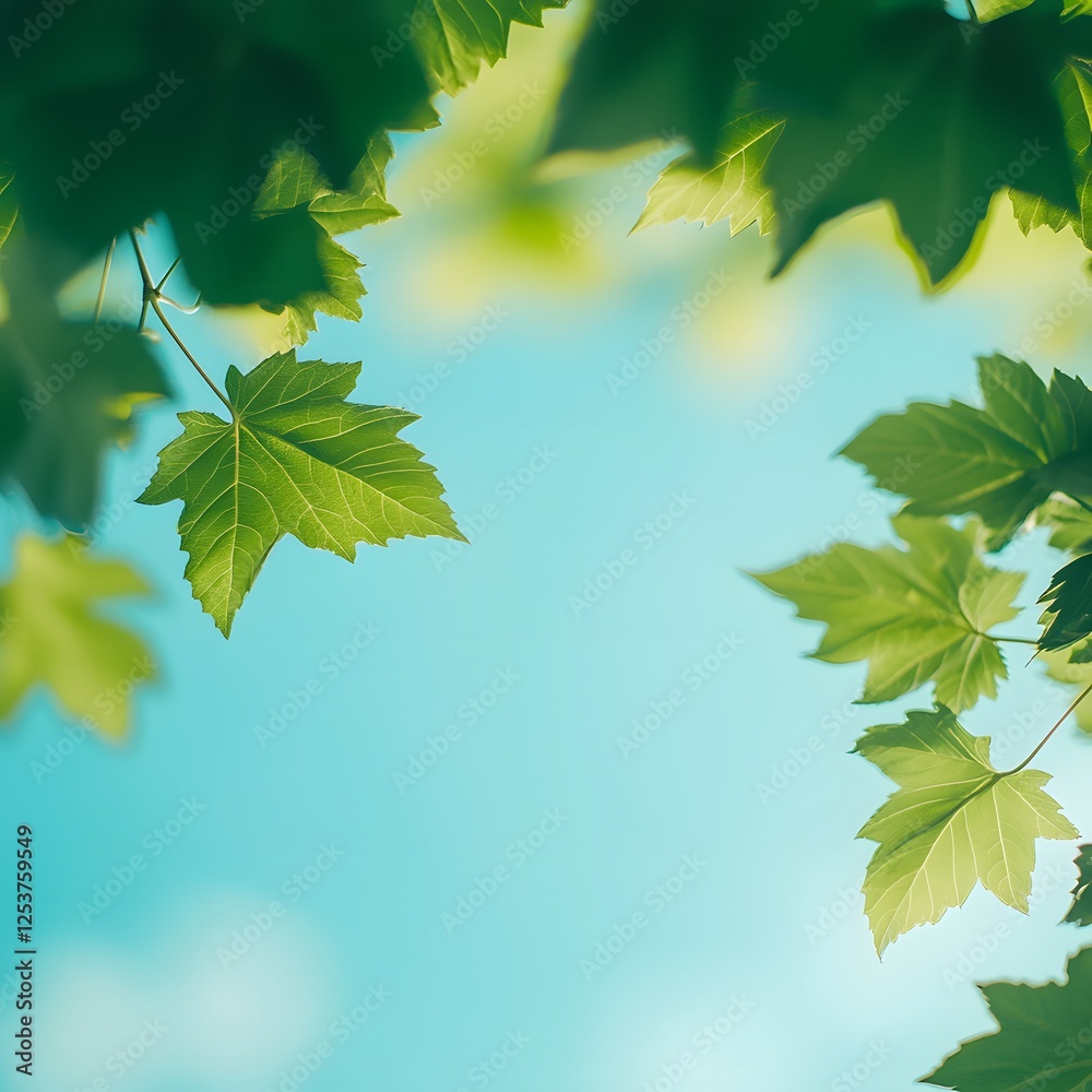 A vibrant blend of green leaves and a clear azure sky, softly blurred for a natural and calming summer feel.