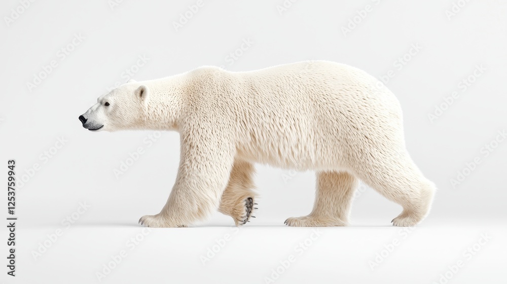 Majestic Polar Bear Walking Gracefully Across a Vast White Expanse in a Serene Arctic Landscape Majestic Polar Bear Walking Gracefully Across a Vast White Expanse in a Serene Arctic Landscape