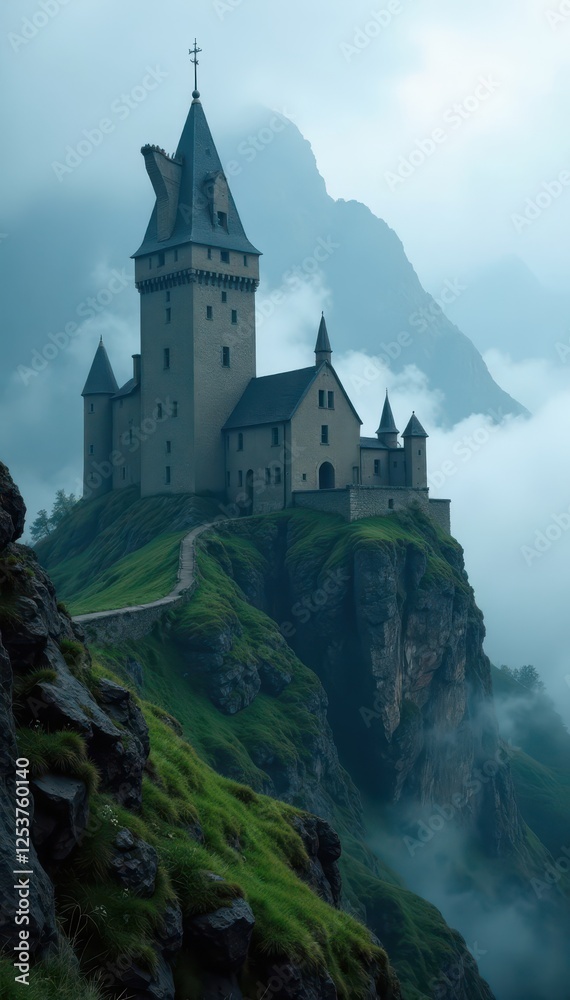 Ancient stone castle shrouded in mist, dramatic peaks , cliff, architecture, fog Ancient stone castle shrouded in mist, dramatic peaks , cliff, architecture, fog
