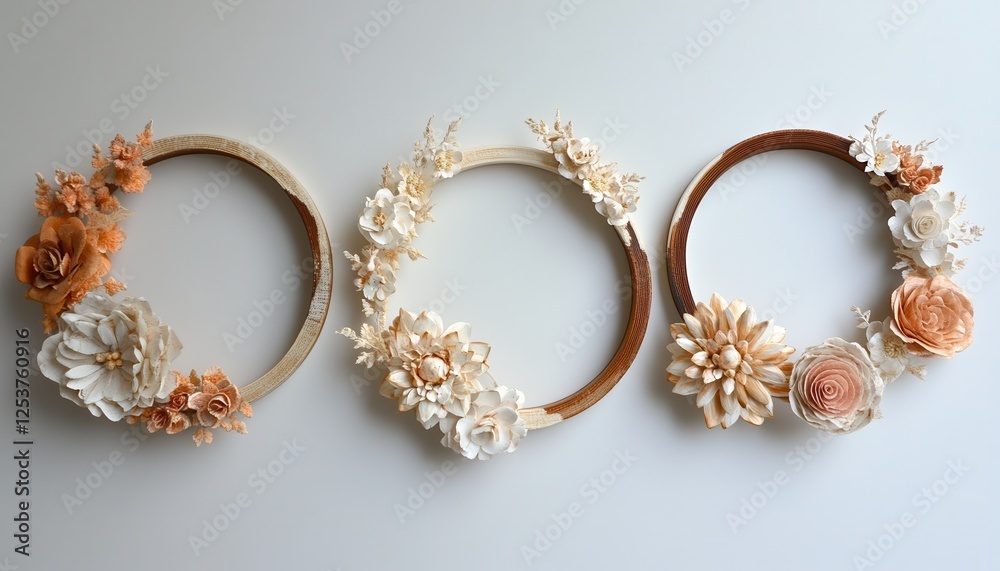 Three distinct colored flowers are elegantly arranged in a horizontal line on a clean white surface, highlighting their beauty and diversity. Three distinct colored flowers are elegantly arranged in a horizontal line on a clean white surface, highlighting their beauty and diversity.