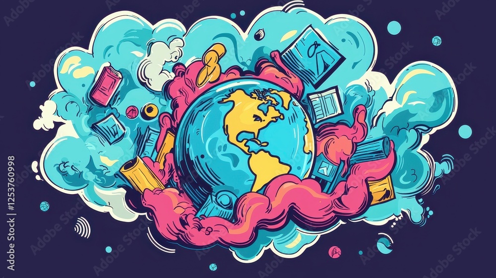 Fototapeta premium Vibrant and Playful Illustration of the Earth Surrounded by Whimsical Elements in Colorful Clouds