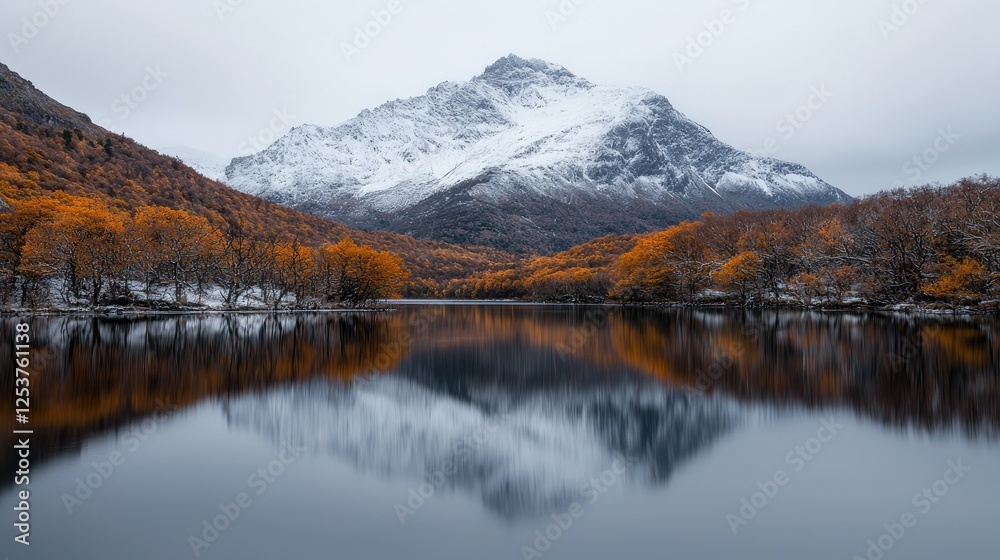 Obraz premium Snowy mountain reflected in autumn lake