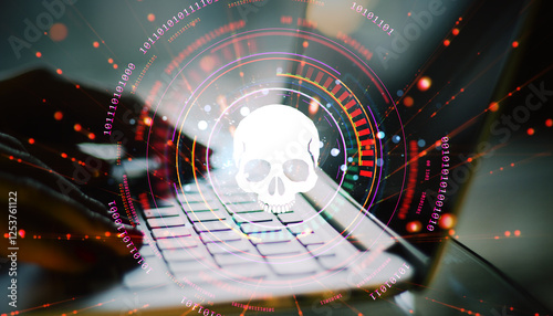 Cyber threat concept with hacker typing on keyboard and digital skull overlay. photo