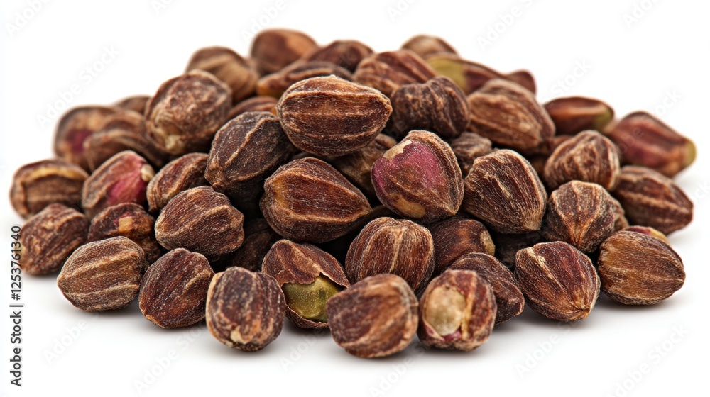 Closeup View of Pile of Raw Pistachios on White Background Highlighting Natural Texture and Color Closeup View of Pile of Raw Pistachios on White Background Highlighting Natural Texture and Color