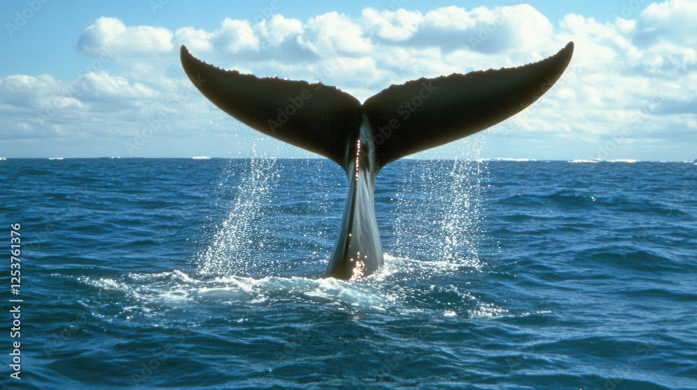 Fototapeta premium A sperm whale diving deep into Antarctic waters, its massive tail flipping above the surface