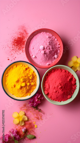 Vibrant Holi Festival Colors Pink Yellow Red Powder in Bowls with Flowers