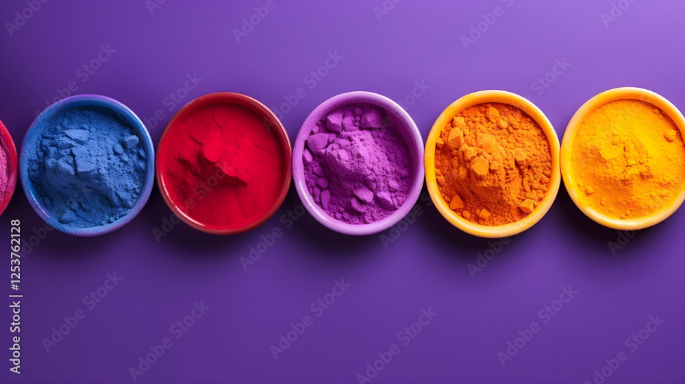 Vibrant Holi Powder Colors in Bowls Festival Celebration Indian Culture Colorful Pigments Vibrant Holi Powder Colors in Bowls Festival Celebration Indian Culture Colorful Pigments