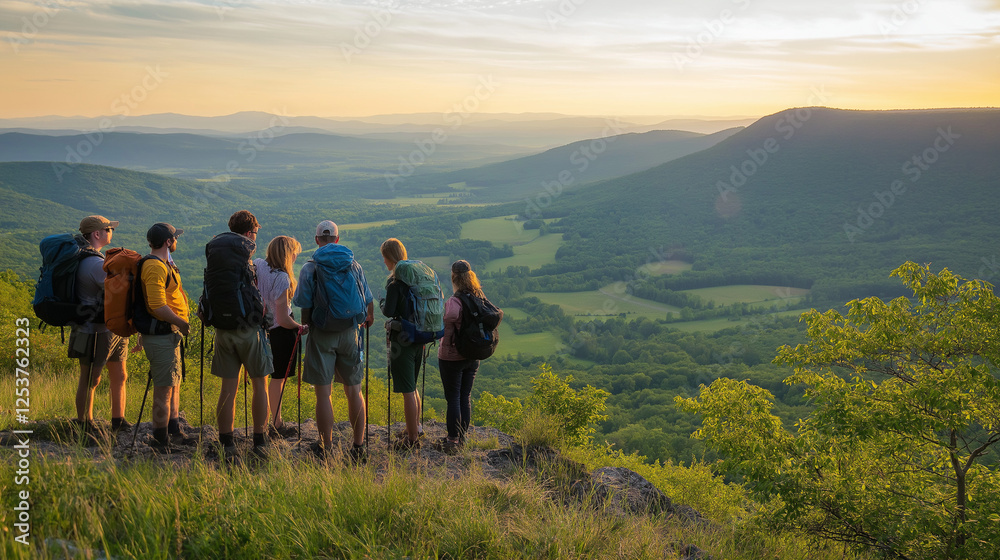 Obraz premium A group of stylish hikers stands on a mountain ridge, admiring a lush valley at sunset, embracing the freedom of peak travel in nature.