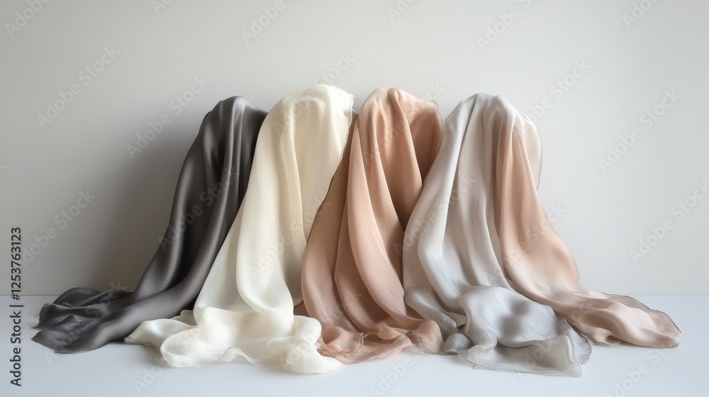Elegant flowing silk fabrics in soft tones against a neutral background with ample blank space for creative text. Generative AI Elegant flowing silk fabrics in soft tones against a neutral background with ample blank space for creative text. Generative AI