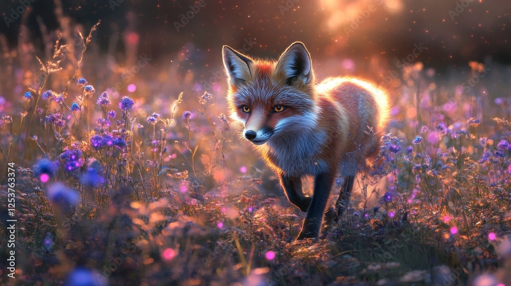 Fototapeta premium Chameleon Fox in a Luminescent Meadow, a vibrant fox with shifting fur colors dashes through a field of radiant, glowing flowers