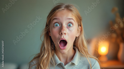 close-up portrait of a surprised young girl with blonde hair