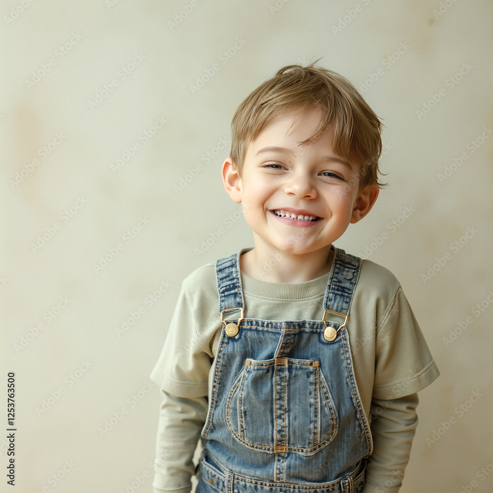 happy toddler in denim overalls smiling joyfully happy toddler in denim overalls smiling joyfully