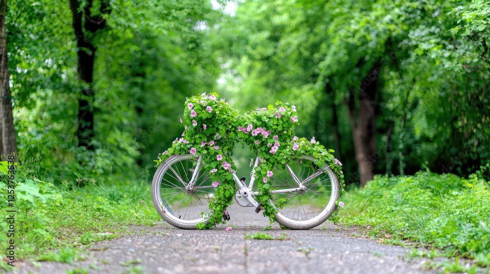 Fototapeta premium Flower-covered bike on park path, green background, eco-friendly concept